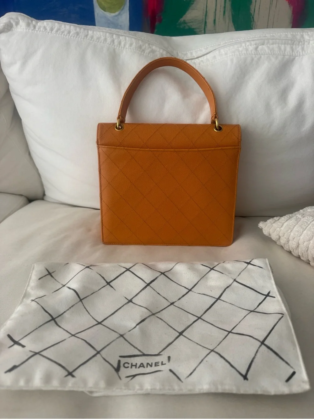 CHANEL Orange Quilted Top Handle Satchel with Gold Hardware